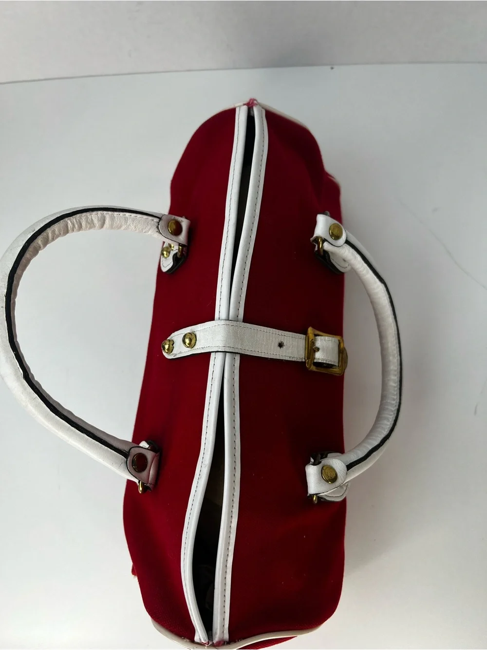 Vintage Ronay Red Canvas & White Leather Satchel Handbag